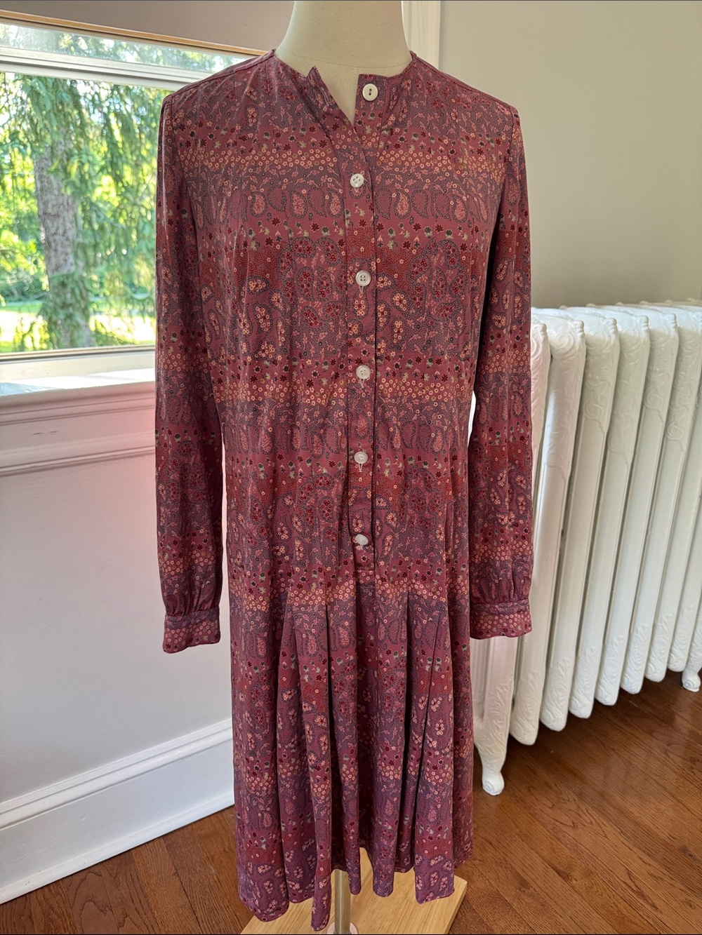 Vintage RODIER Long Sleeve Button-Front Dress in Rose toned pattern